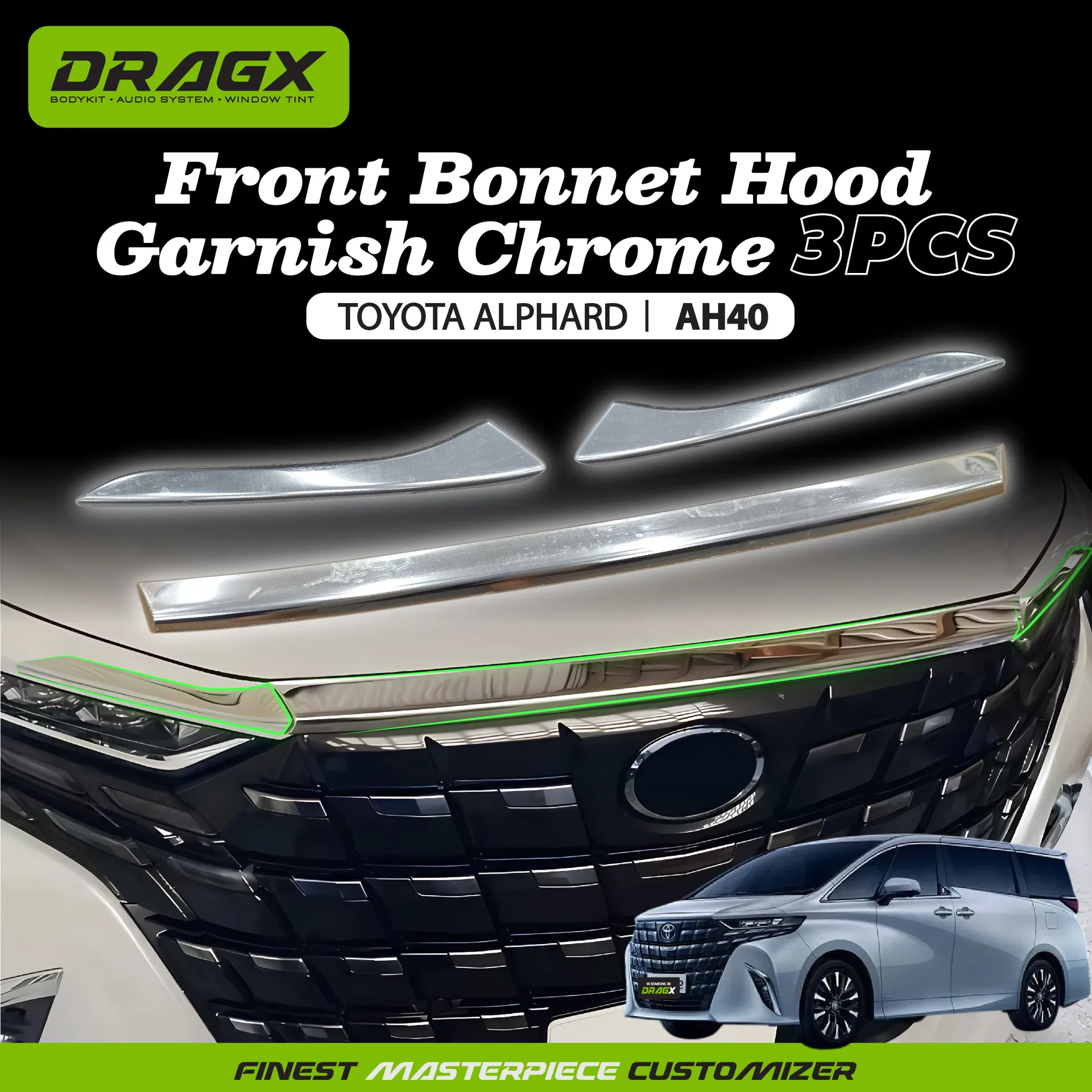 FRONT BONNET HOOD GARNISH CHROME 3PCS ALPHARD AH40
