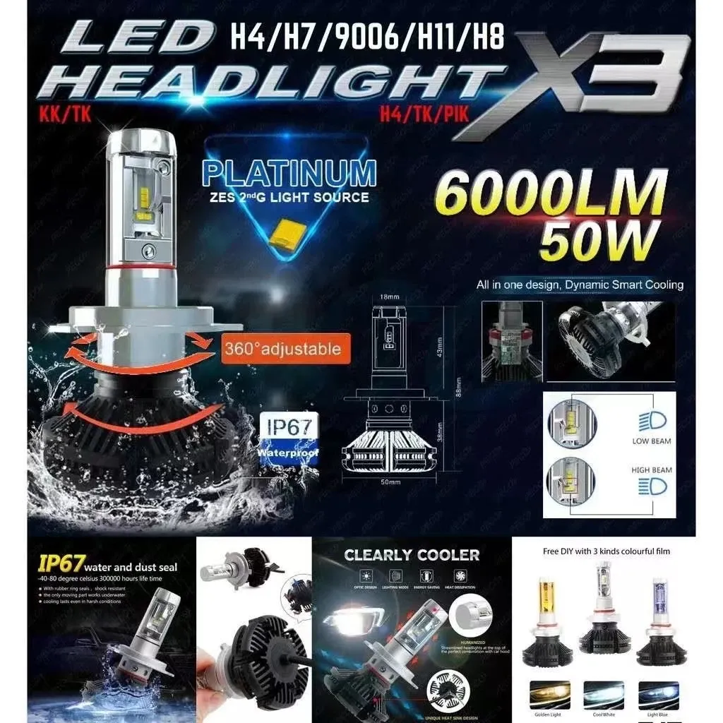 X3 HEADLIGHT H1 H3 H4 H7 H11 9005 9006 6000LM