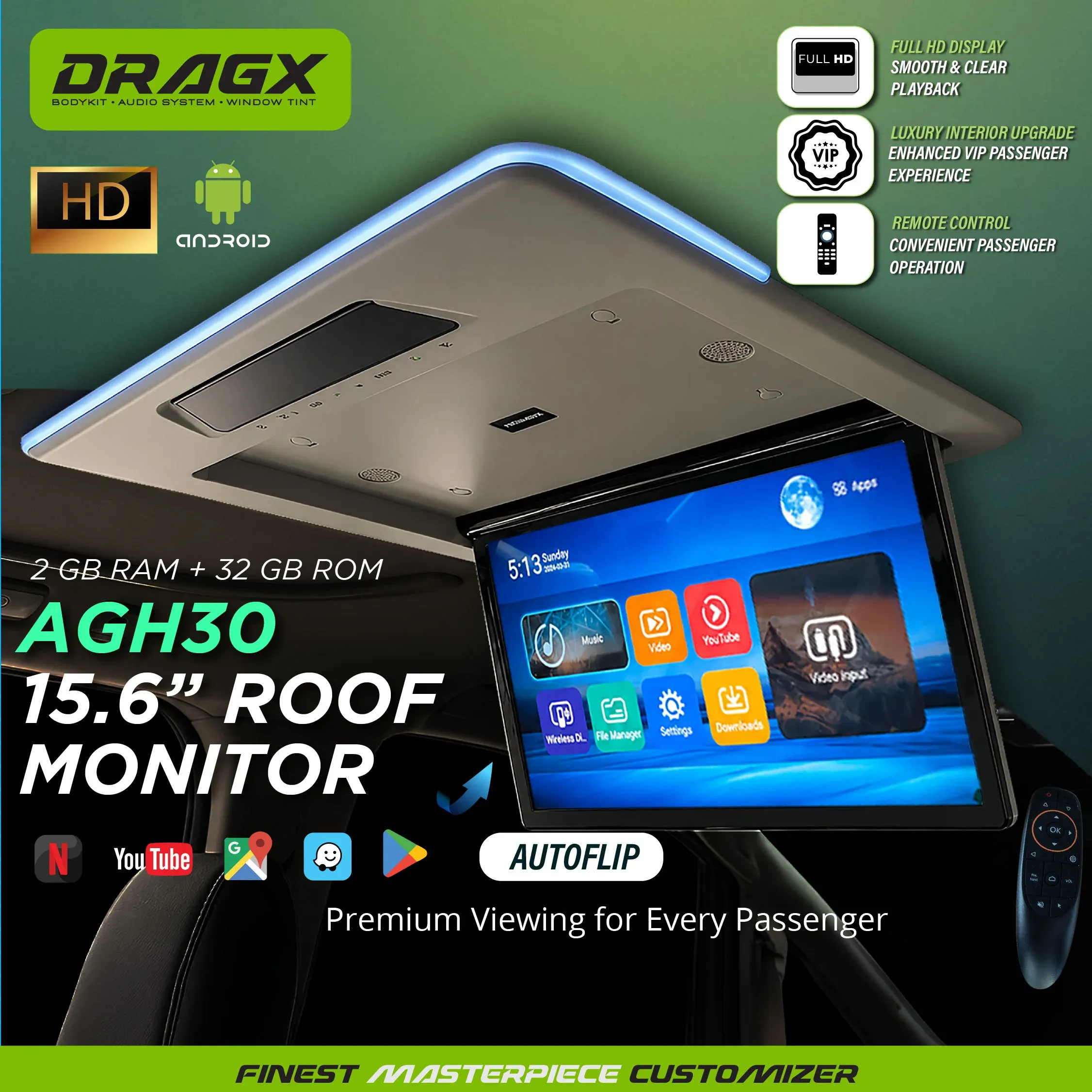 AGH30 15.6" 2+32 ANDROID OEM ROOF MONITOR WITH HDMI AUTO FLIP