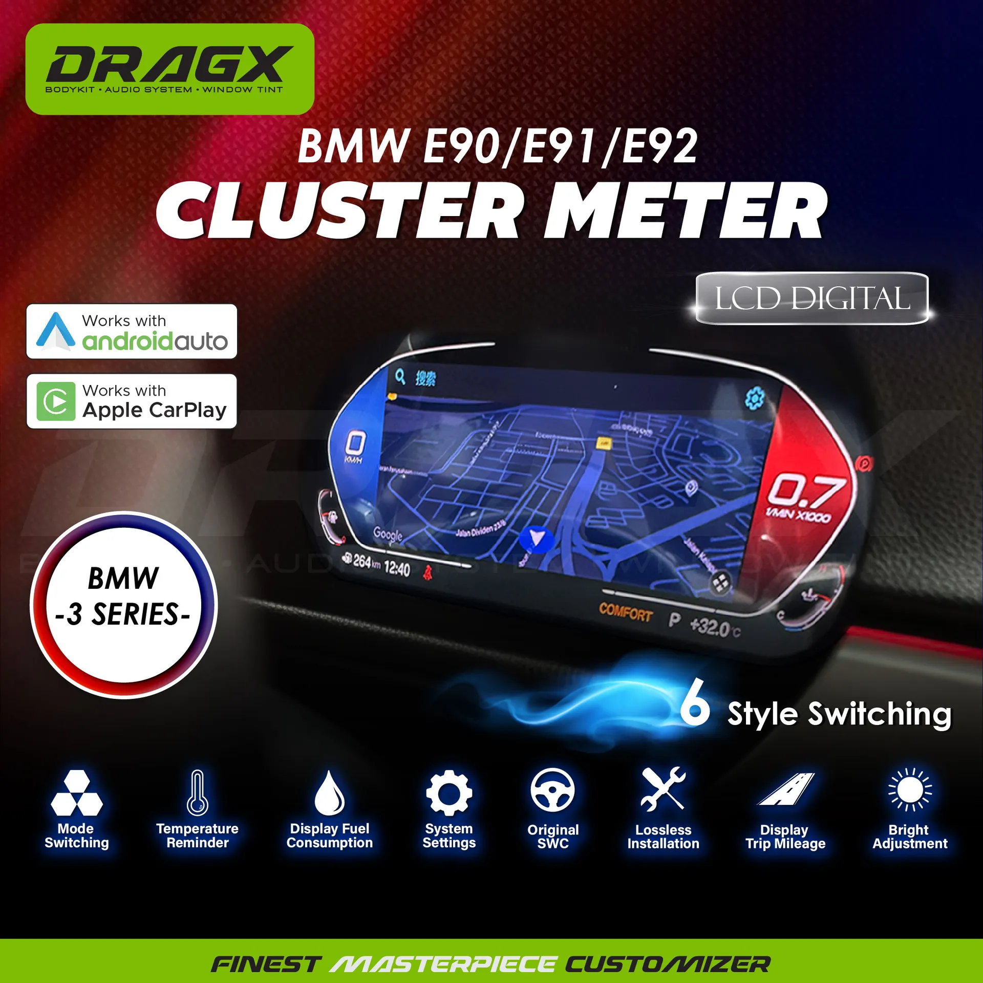 BMW E90/91/92/93 CARPLAY DIGITAL SPEEDOMETER LCD SCREEN 2005-2012